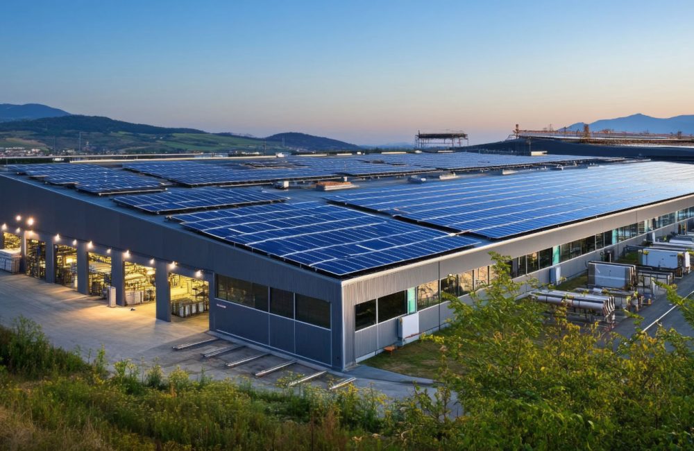 Sustainable energy solutions showcased on factory rooftop